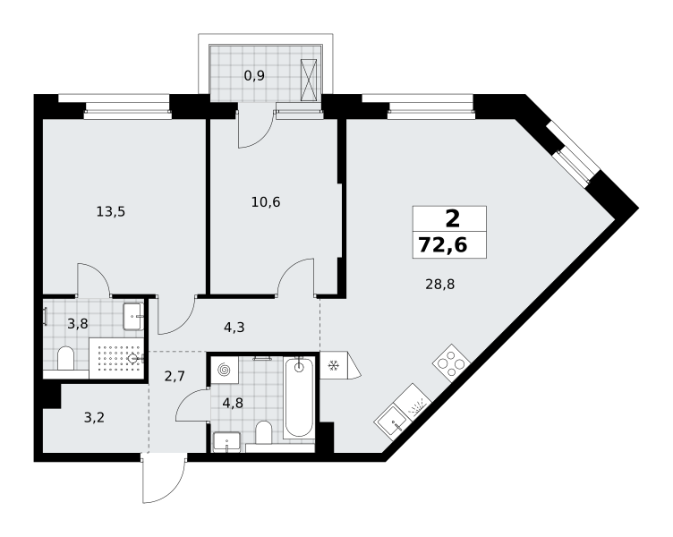 2-комнатная 72 м2 в ЖК Хольм корпус null этаж 3