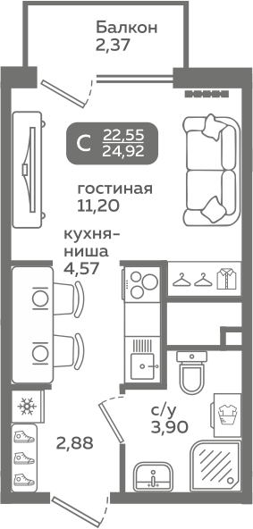 Студия 22 м2 в ЖК Меридиан Слобода корпус null этаж 13