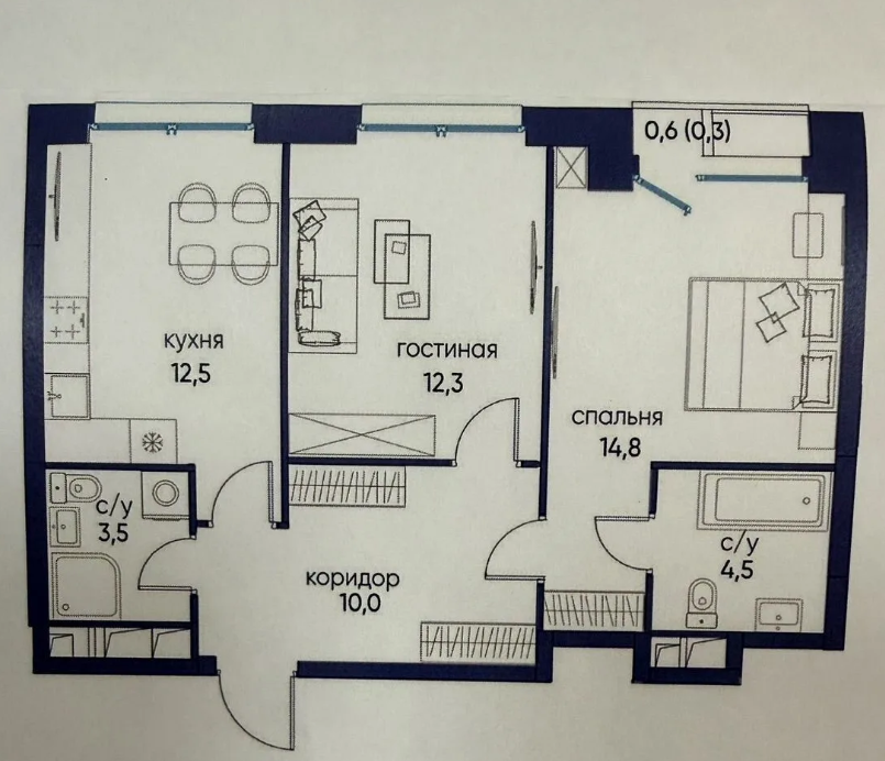 2-комнатная 58.7 м2 в ЖК undefined корпус null этаж 6