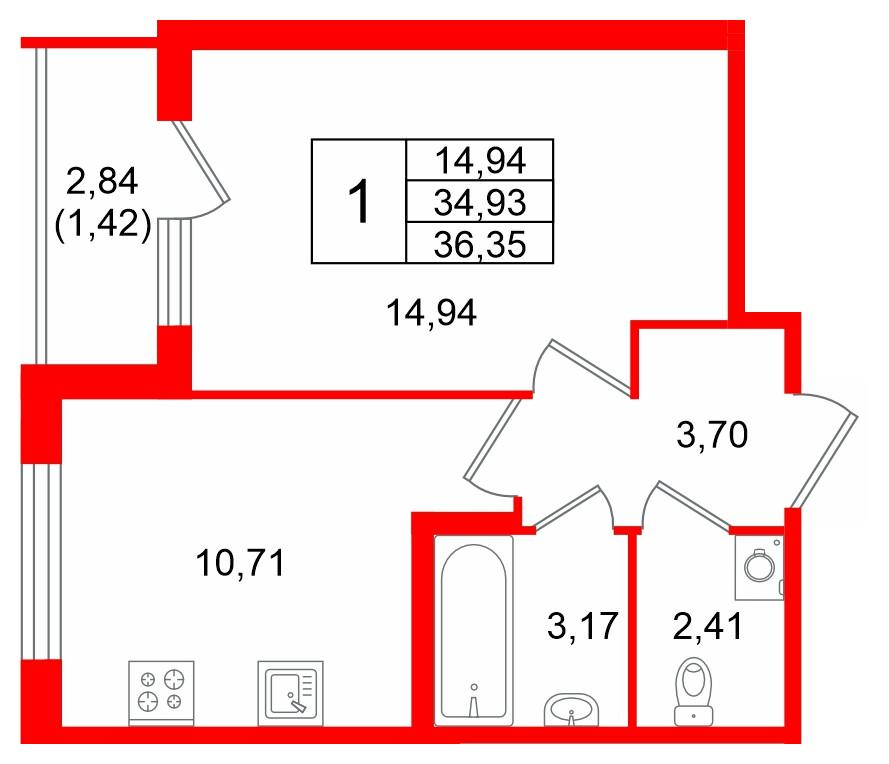 1-комнатная 36 м2 в ЖК Квартал Заречье корпус null этаж 1