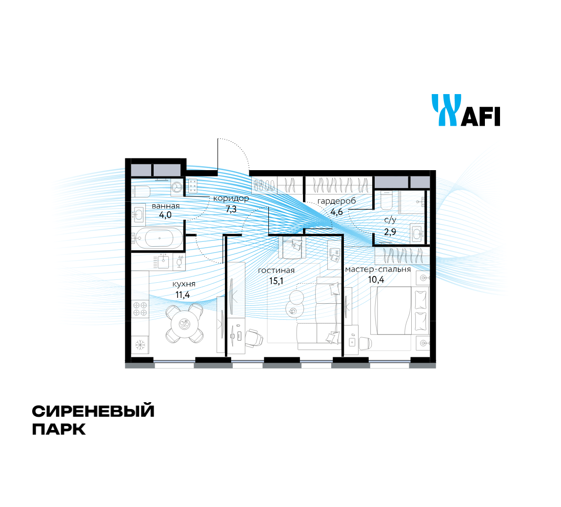 2-комнатная 55 м2 в ЖК Сиреневый парк корпус null этаж 5