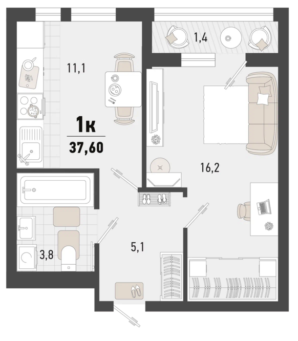 1-комнатная 33.9 м2 в ЖК undefined корпус null этаж 13