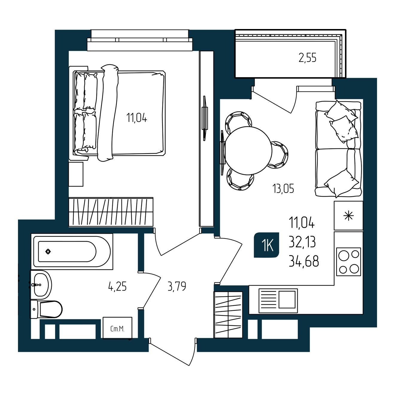 1-комнатная 32 м2 в ЖК Квартал Мятный корпус null этаж 10