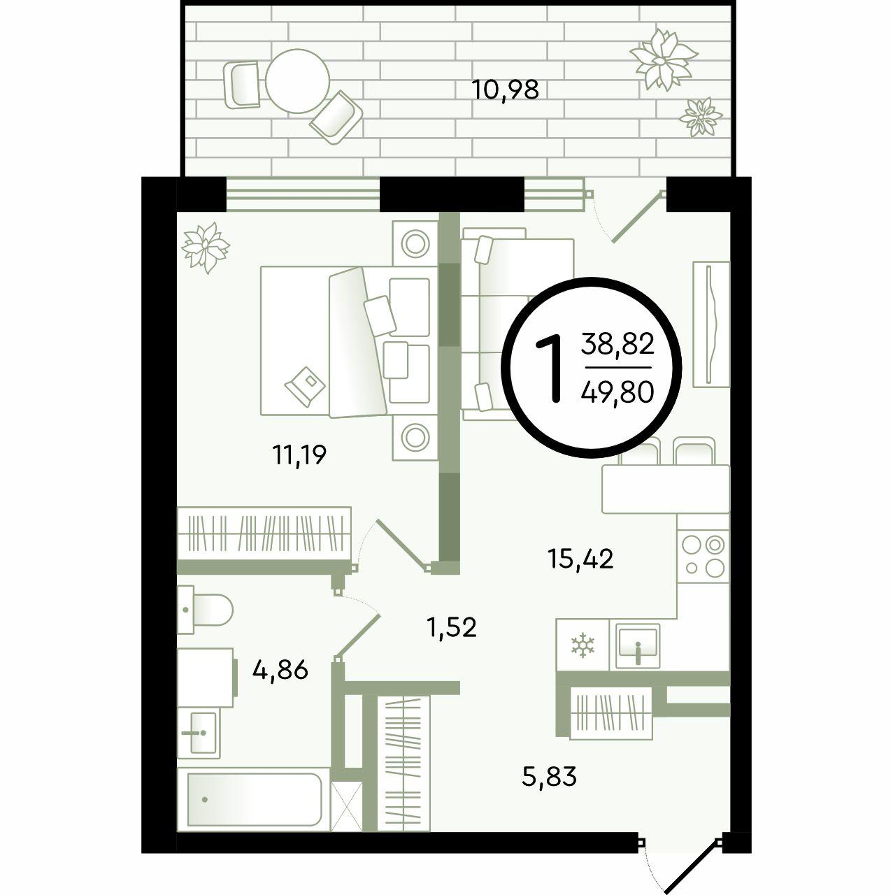 1-комнатная 49 м2 в ЖК Зеленые Аллеи корпус null этаж 1