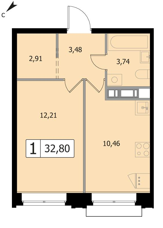 1-комнатная 32 м2 в ЖК Каштановая Роща корпус null этаж 5