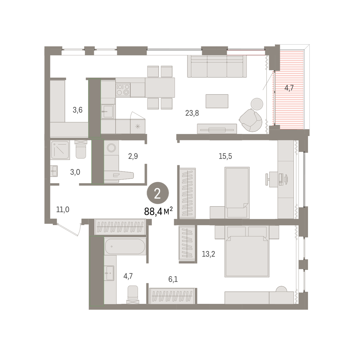 2-комнатная 88 м2 в ЖК Новин корпус null этаж 13