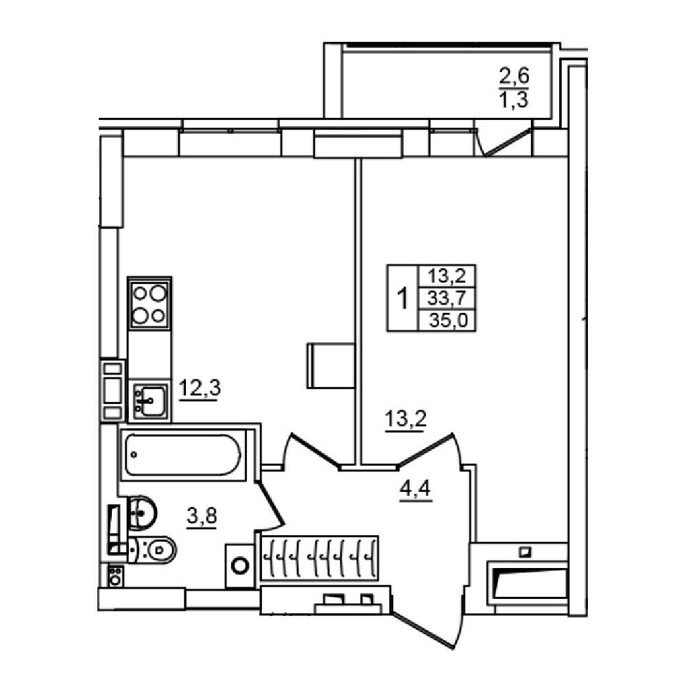 1-комнатная 35 м2 в ЖК Сталь корпус null этаж 10
