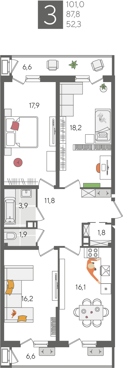 3-комнатная 101 м2 в ЖК Рекорд 2 корпус null этаж 10