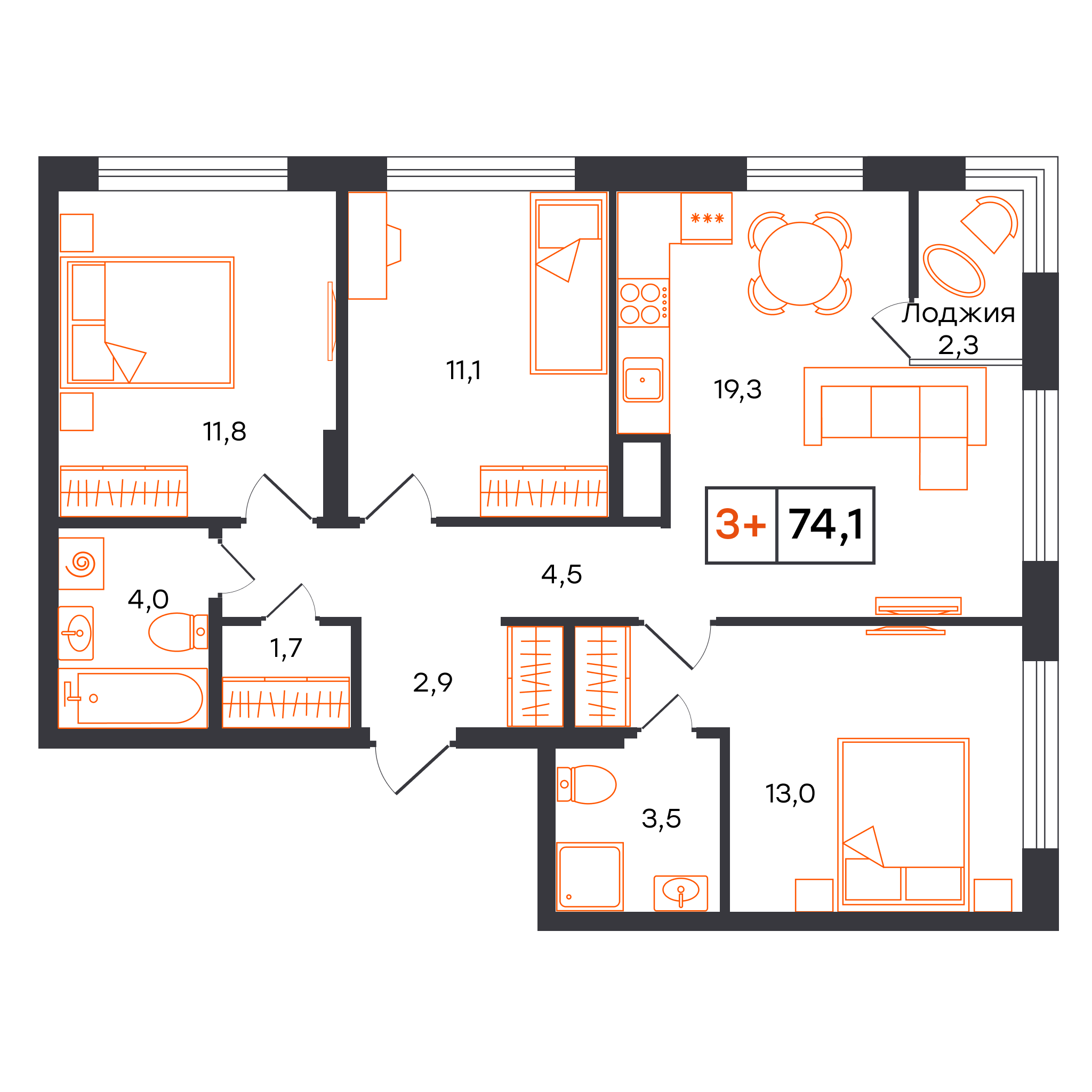 3-комнатная 74 м2 в ЖК УНО. Умный квартал корпус null этаж 15