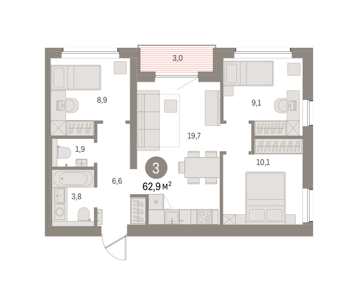 3-комнатная 62 м2 в ЖК Северный ветер корпус null этаж 7