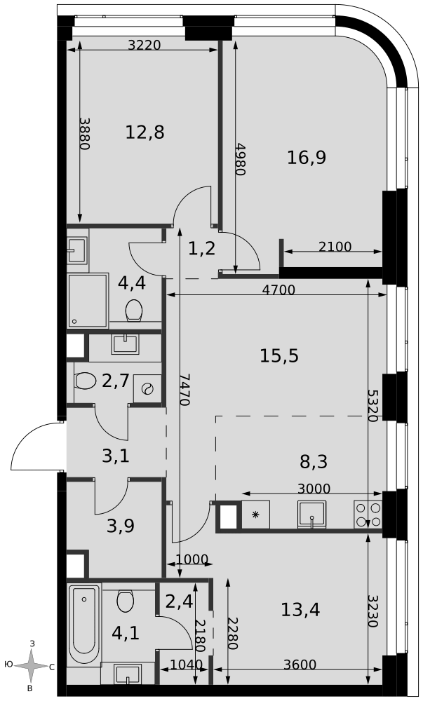 4-комнатная 88 м2 в ЖК Амбер Сити корпус null этаж 34