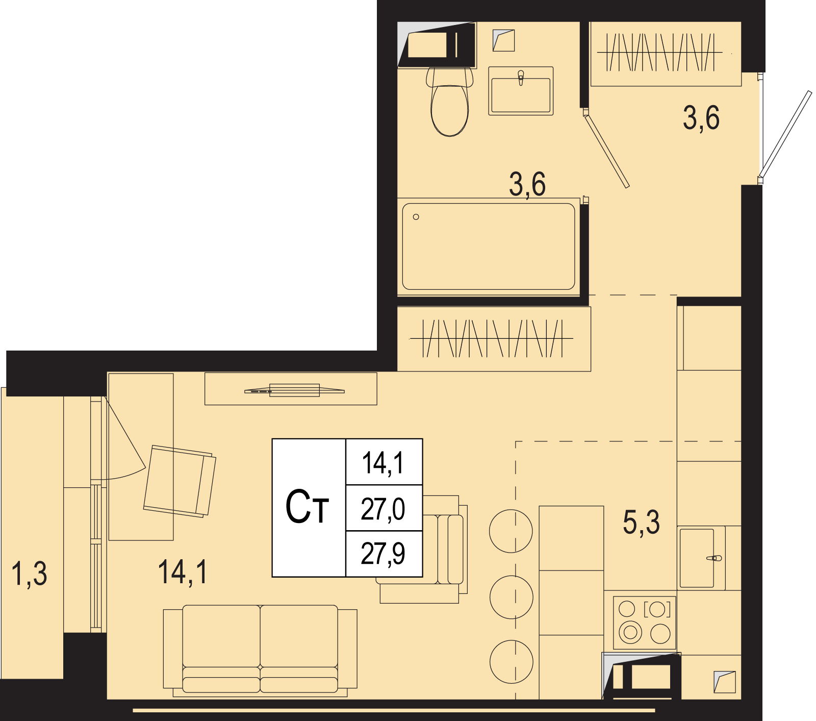 1-комнатная 27 м2 в ЖК Новая Щербинка корпус null этаж 6