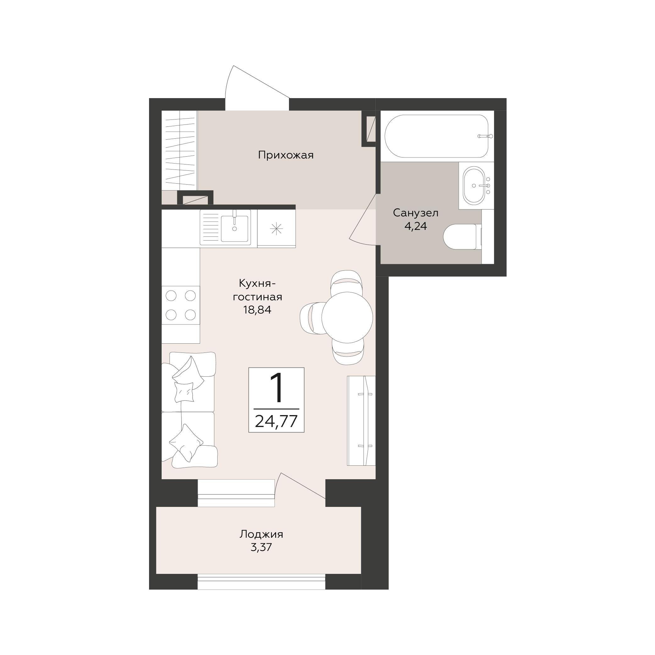 1-комнатная 24 м2 в ЖК Эклипс корпус null этаж 2