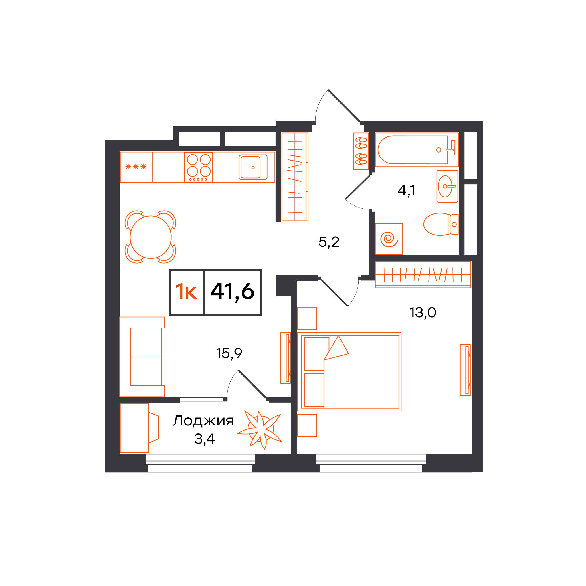 1-комнатная 41 м2 в ЖК Отличие корпус null этаж 6