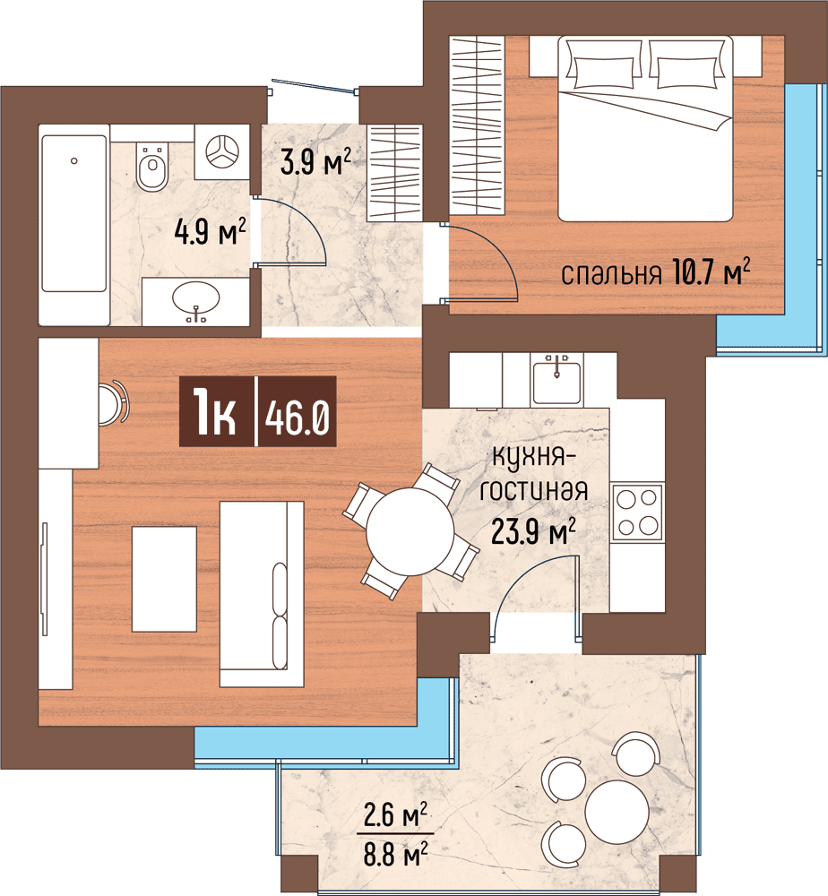 1-комнатная 46 м2 в ЖК Светлогорск-3 корпус null этаж 4