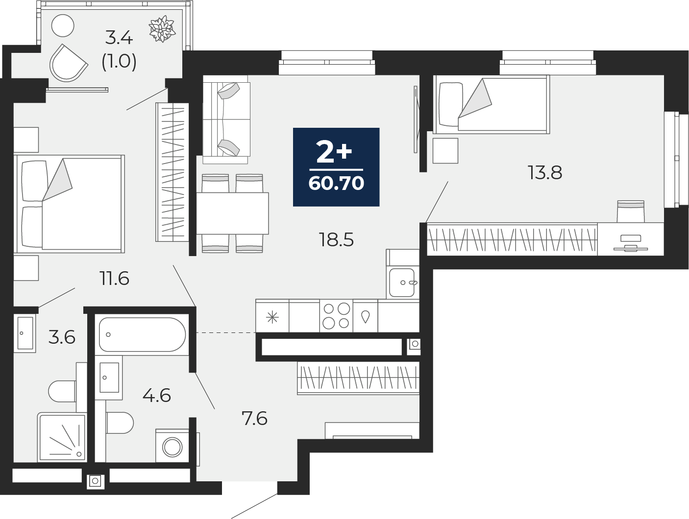 2-комнатная 59 м2 в ЖК Мириады корпус null этаж 4