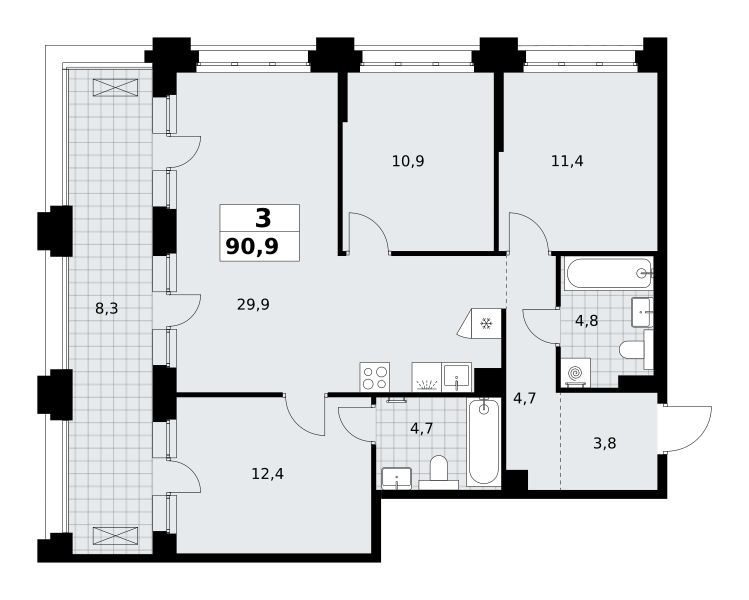 3-комнатная 90 м2 в ЖК Хольм корпус null этаж 4