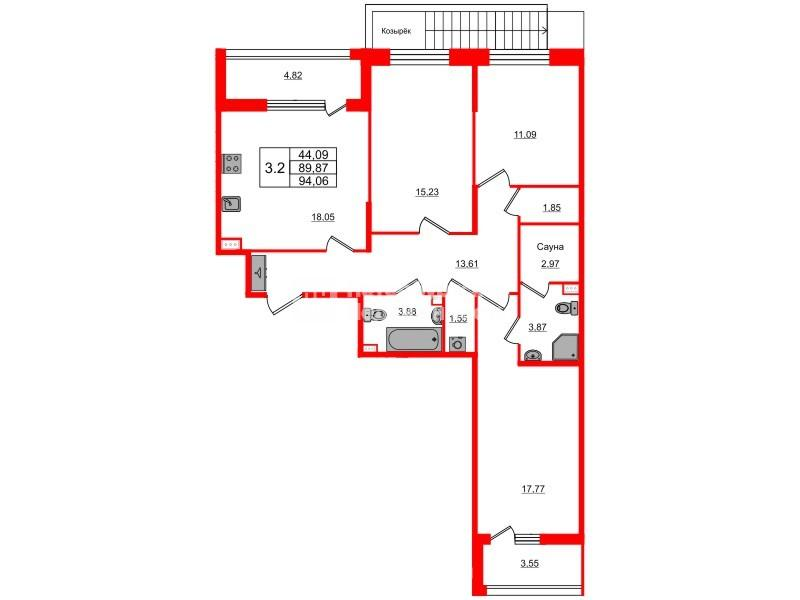3-комнатная 88 м2 в ЖК Прайм Приморский корпус null этаж 1