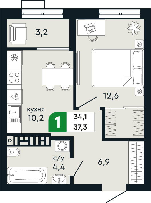 1-комнатная 37 м2 в ЖК Green Park корпус null этаж 9