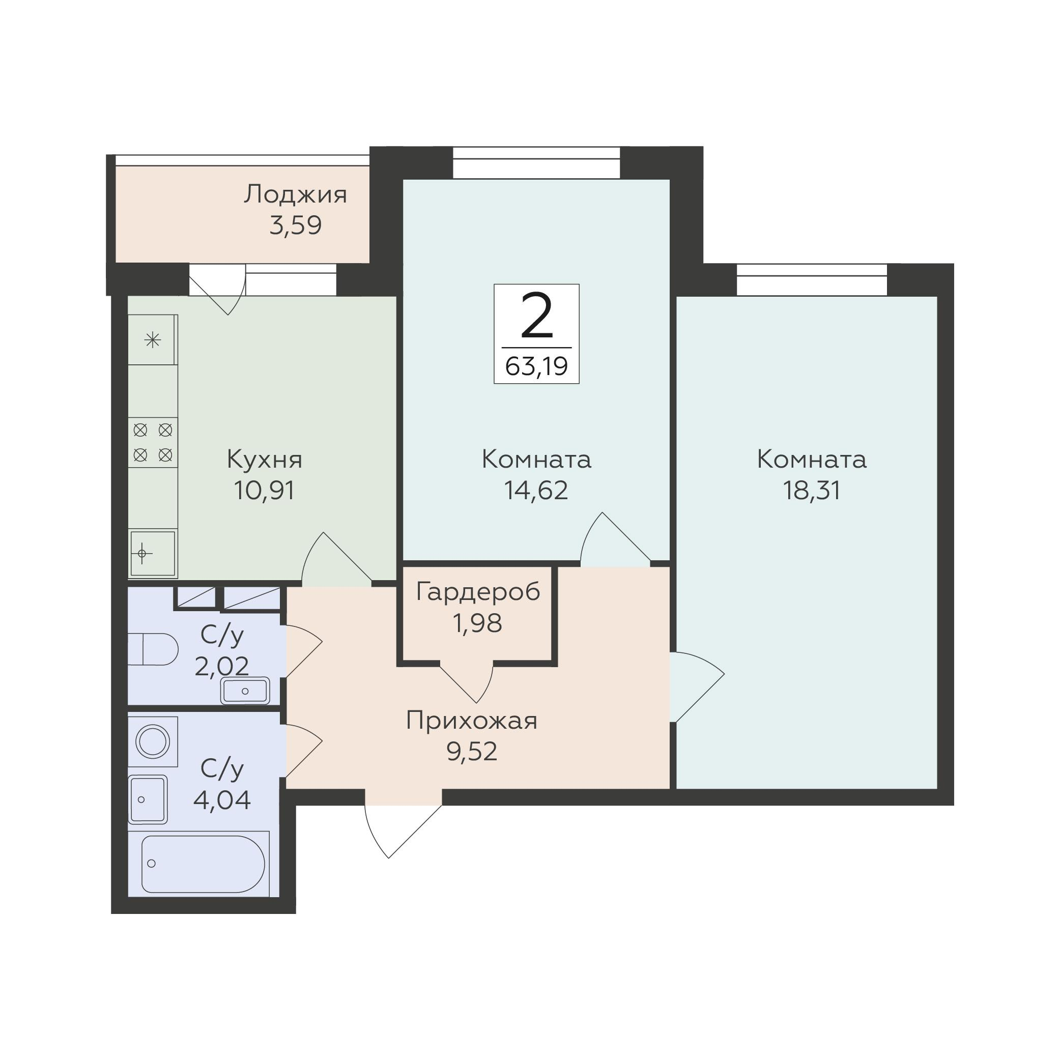 2-комнатная 63 м2 в ЖК Романовский корпус null этаж 12