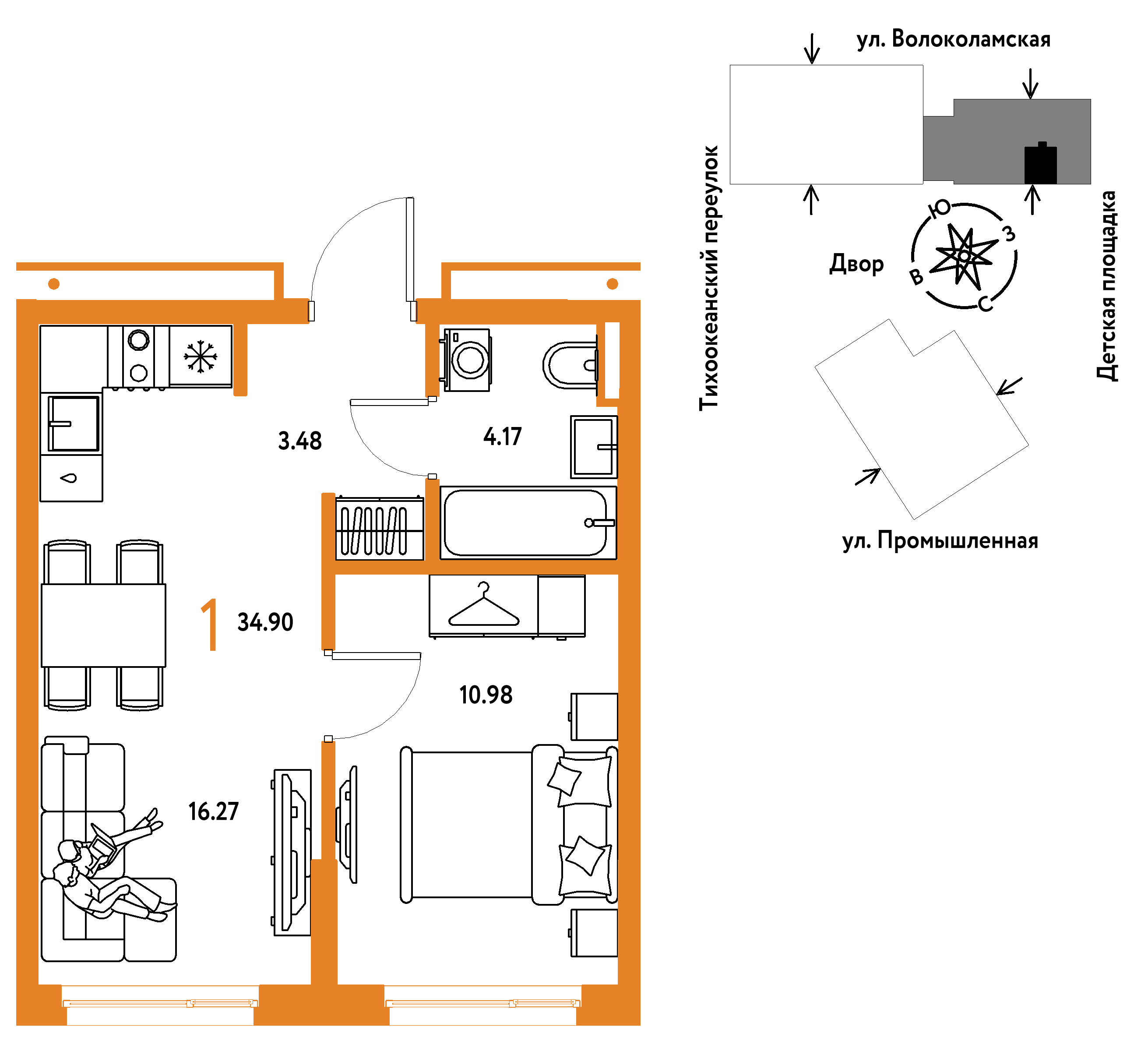 1-комнатная 34 м2 в ЖК Страна.Прибрежная корпус null этаж 8