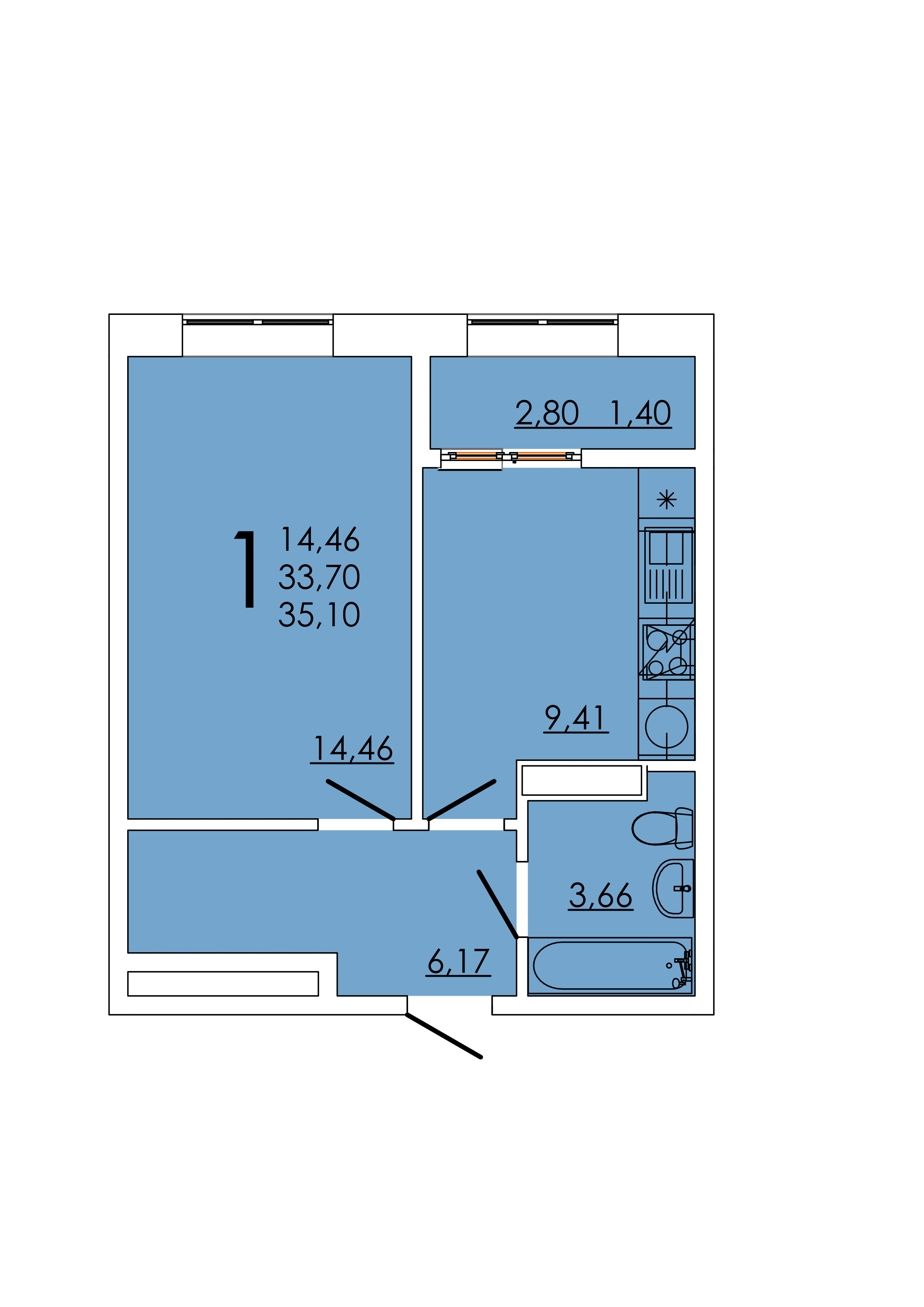 1-комнатная 35 м2 в ЖК Фрейм корпус null этаж 21