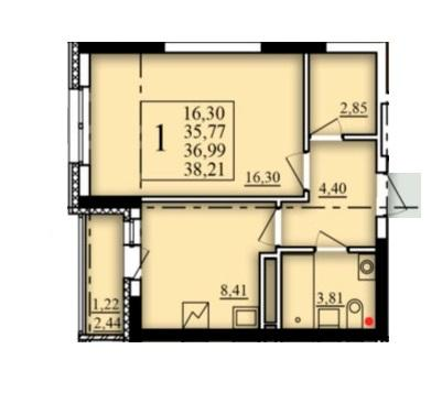 1-комнатная 36 м2 в ЖК Паруса корпус null этаж 14