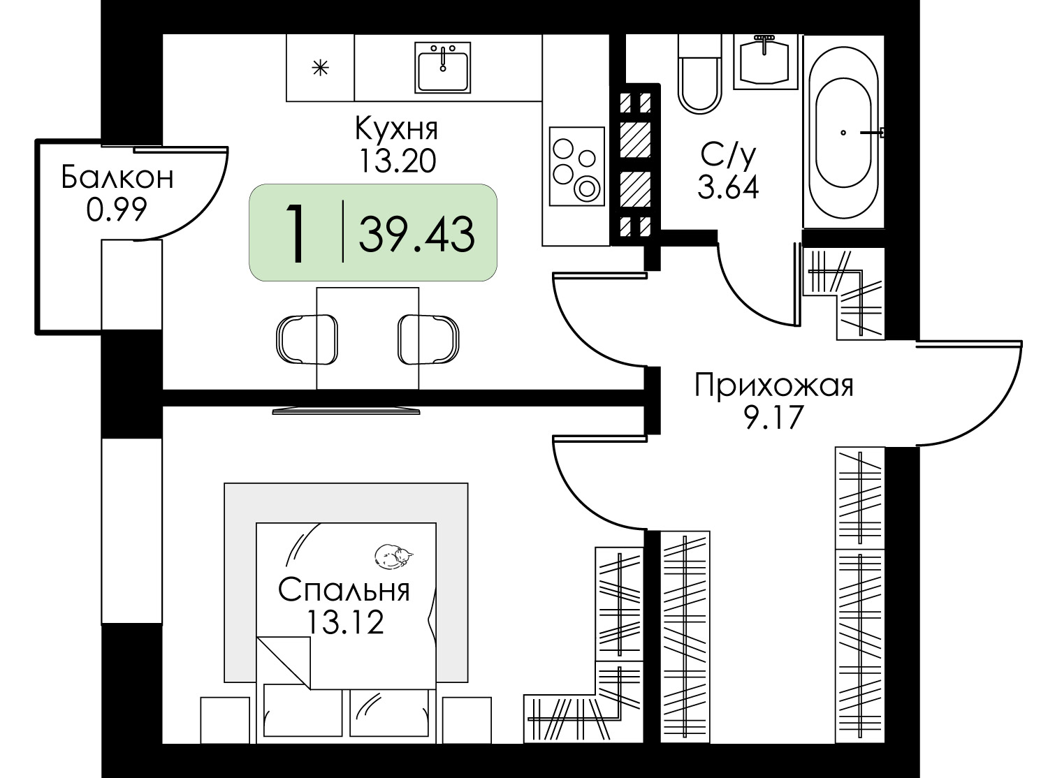 1-комнатная 39 м2 в ЖК Урбан Парк корпус null этаж 4