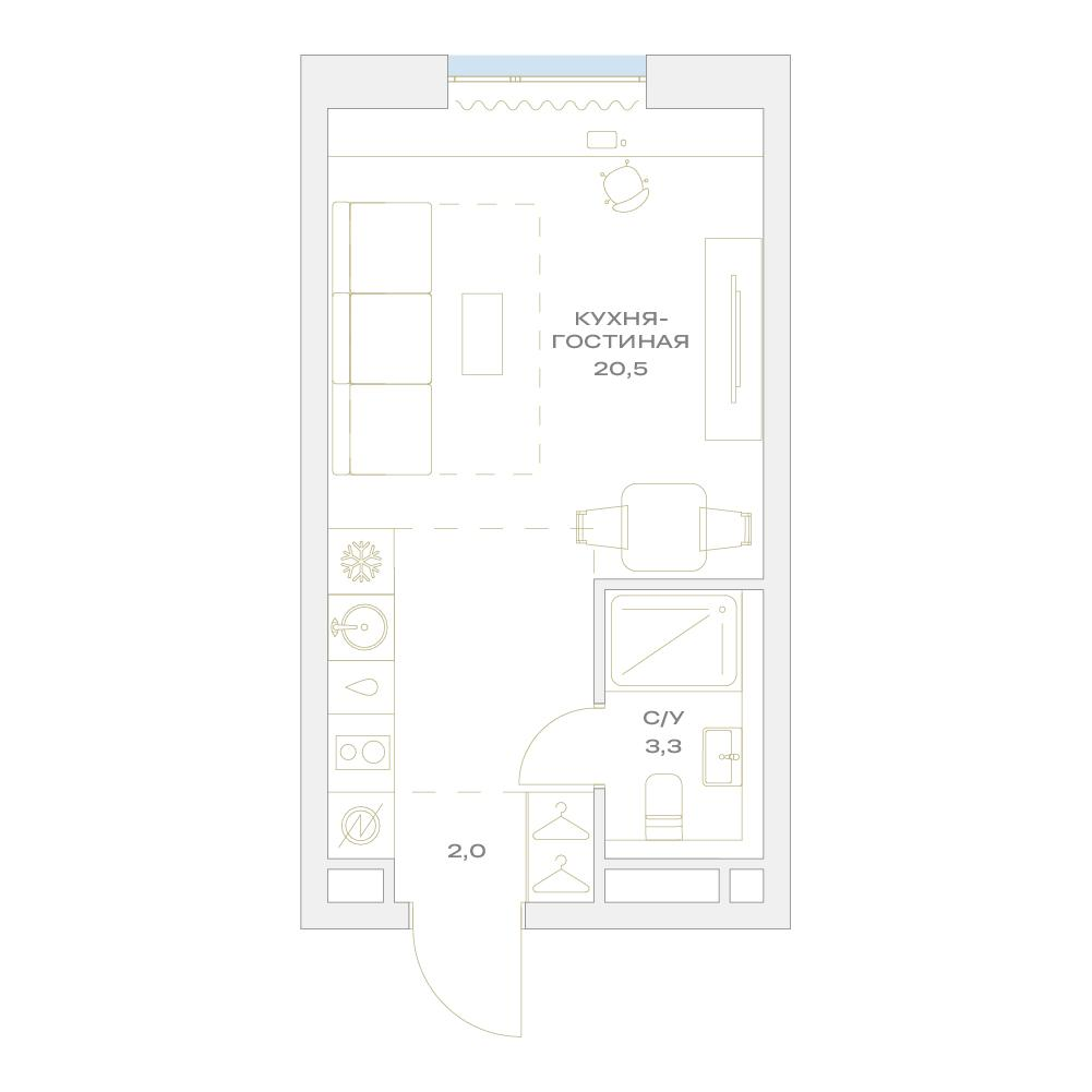 Студия 25 м2 в ЖК Детали корпус null этаж 6