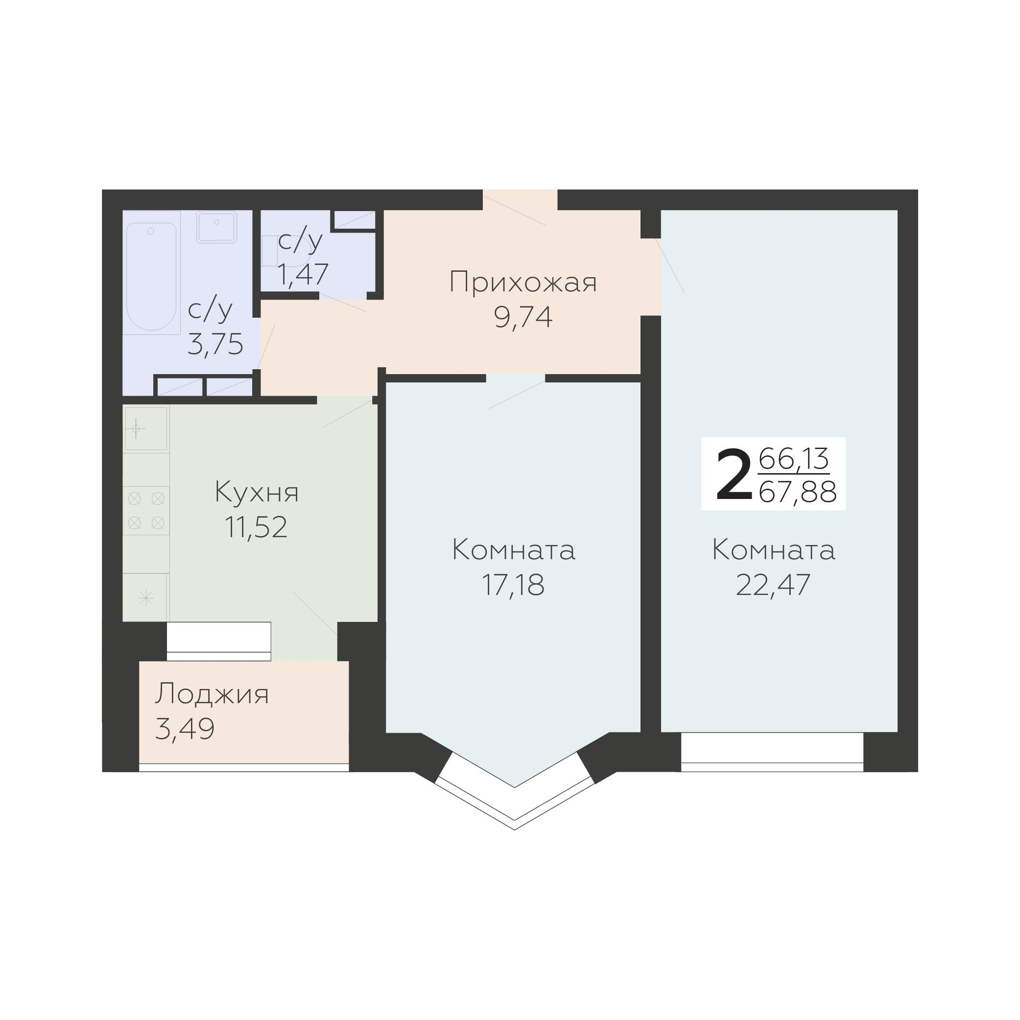 2-комнатная 67 м2 в ЖК Nova парк корпус null этаж 14