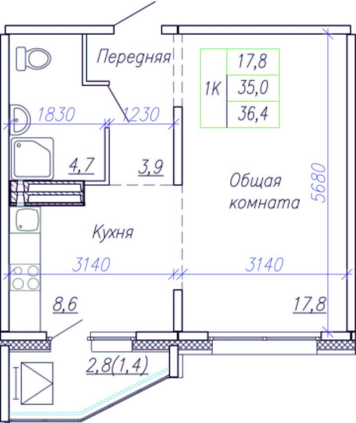1-комнатная 37 м2 в ЖК undefined корпус null этаж 2