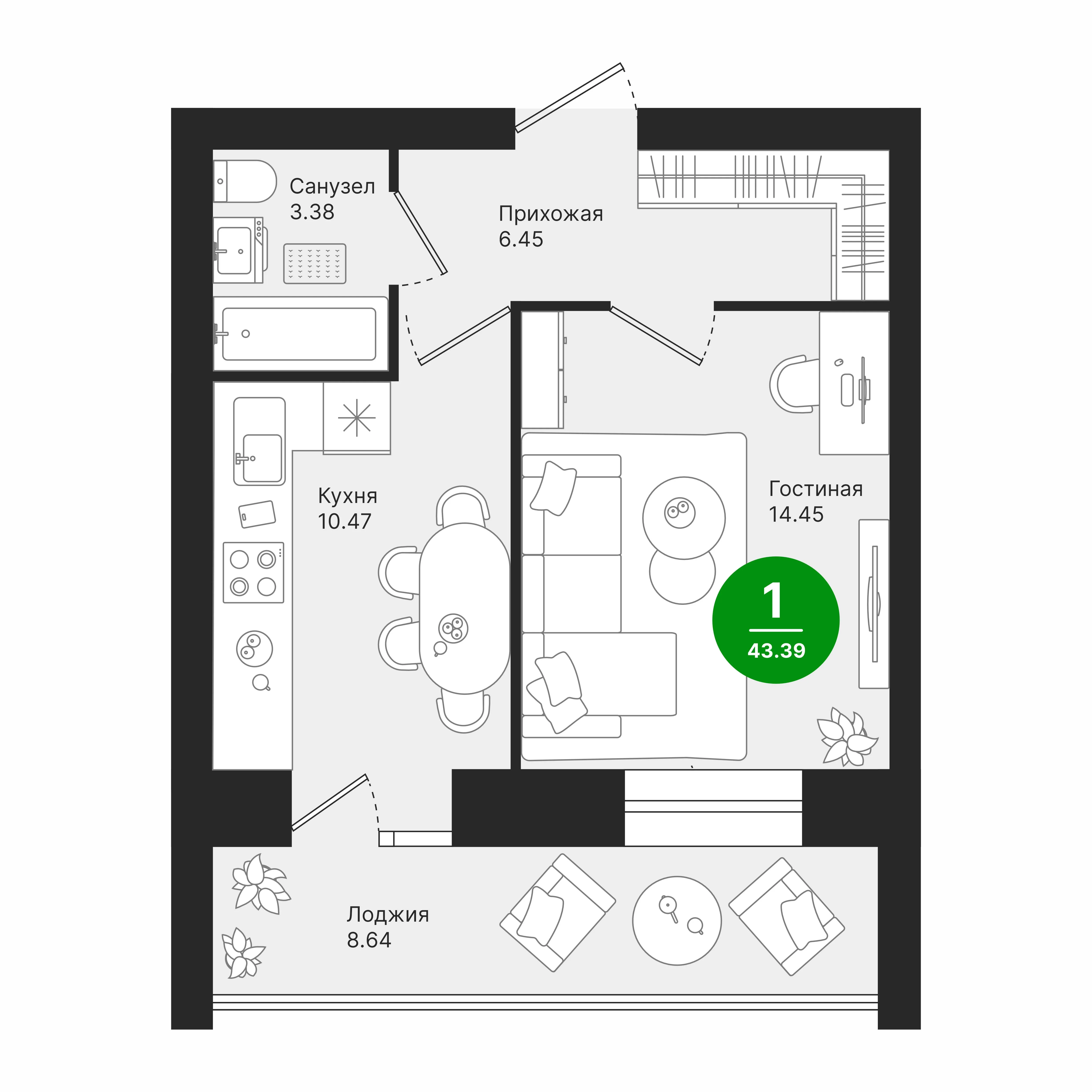 1-комнатная 43 м2 в ЖК Поз 1 ул. Павленко корпус null этаж 9