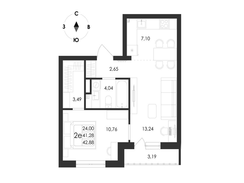 2-комнатная 42 м2 в ЖК Май корпус null этаж 12
