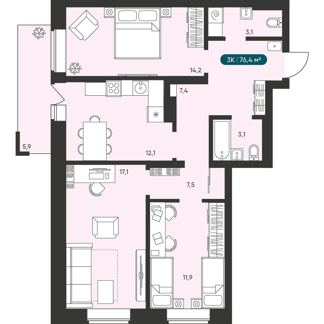 3-комнатная 76 м2 в ЖК Черемушки на Приморской корпус null этаж 14