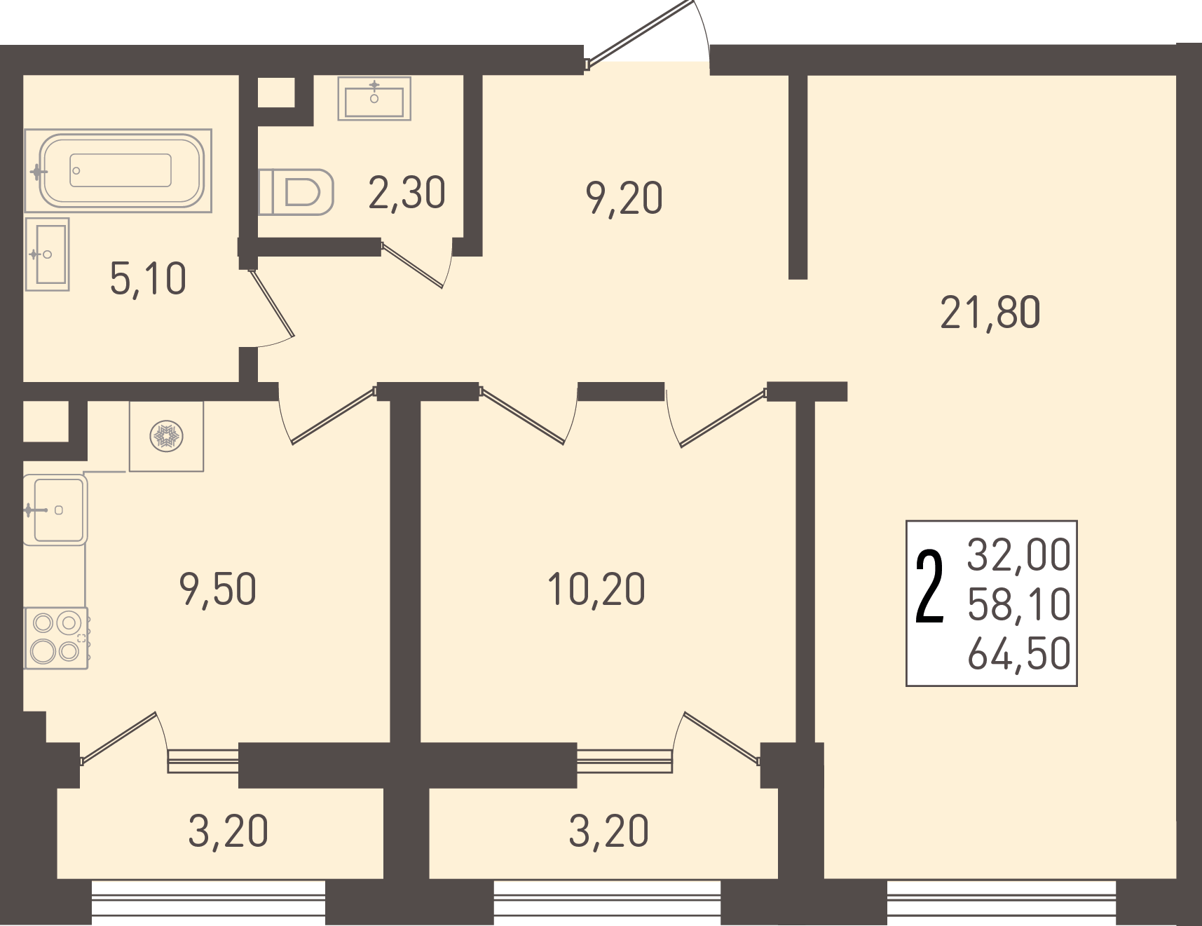 2-комнатная 64 м2 в ЖК Югге корпус null этаж 1