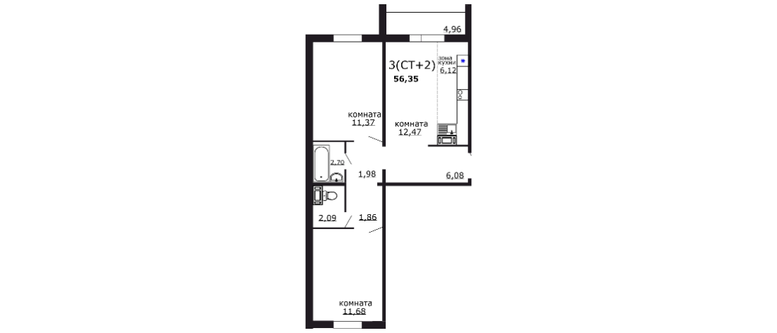 3-комнатная 57 м2 в ЖК undefined корпус null этаж 7