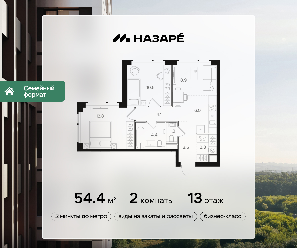 2-комнатная 54 м2 в ЖК НАЗАРÉ корпус null этаж 13