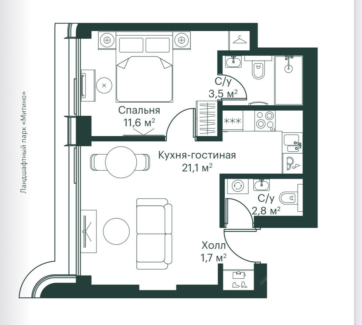 2-комнатная 39.5 м2 в ЖК undefined корпус null этаж 6