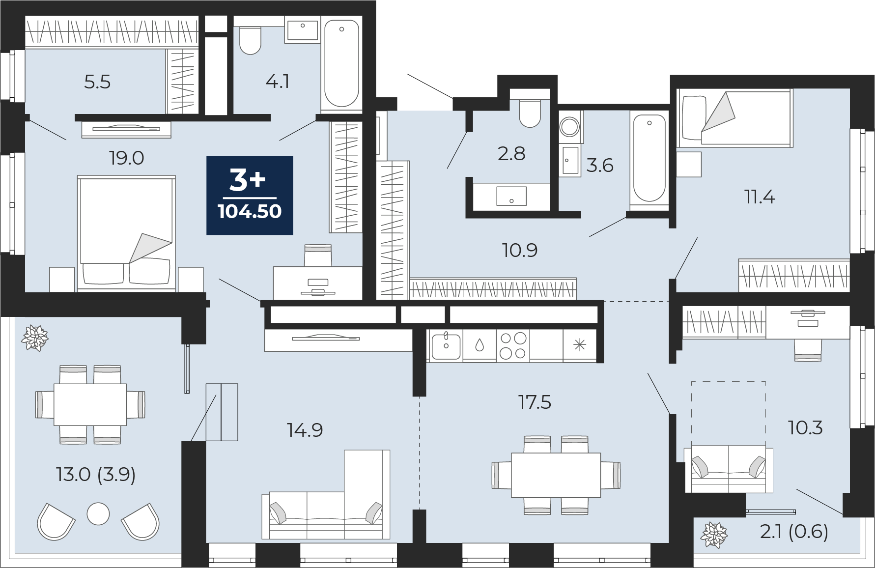 3-комнатная 100 м2 в ЖК Мириады корпус null этаж 12