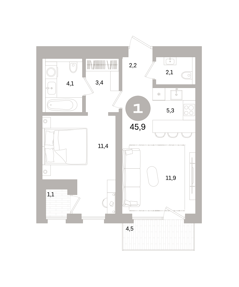 1-комнатная 45 м2 в ЖК Северный ветер корпус null этаж 6