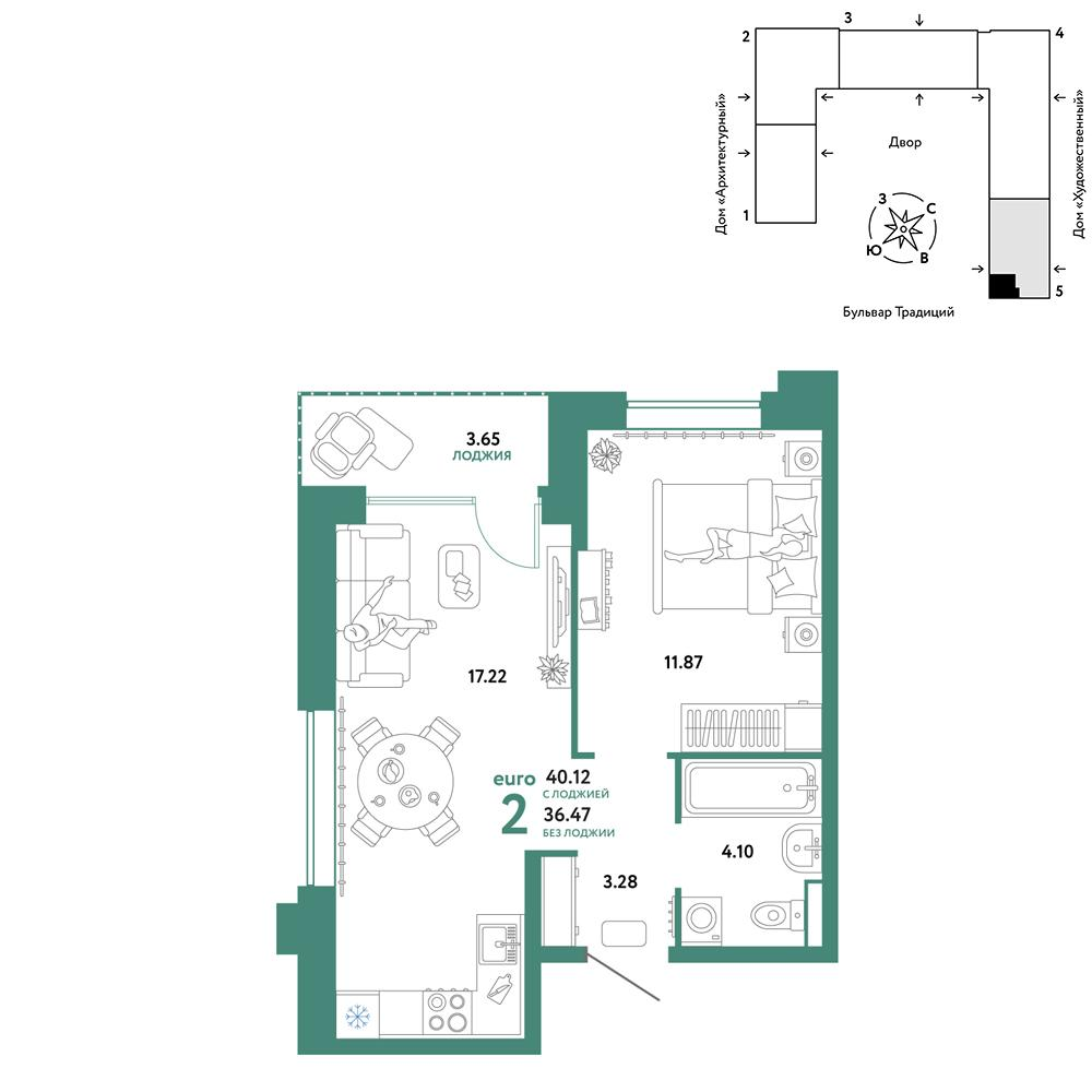 2-комнатная 40 м2 в ЖК Микрорайон Домашний корпус null этаж 10
