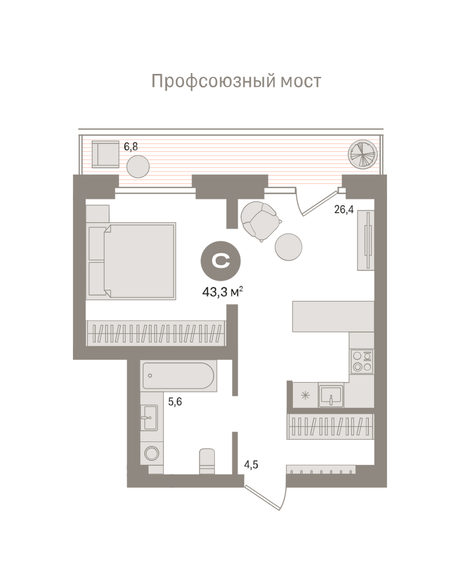 1-комнатная 43 м2 в ЖК Речной порт корпус null этаж 4
