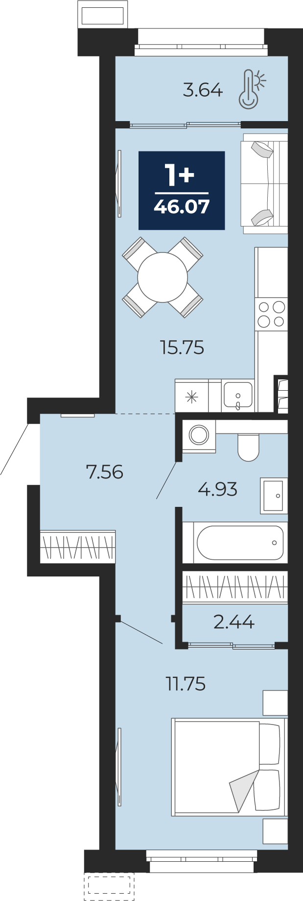 1-комнатная 46 м2 в ЖК Беринг корпус null этаж 1
