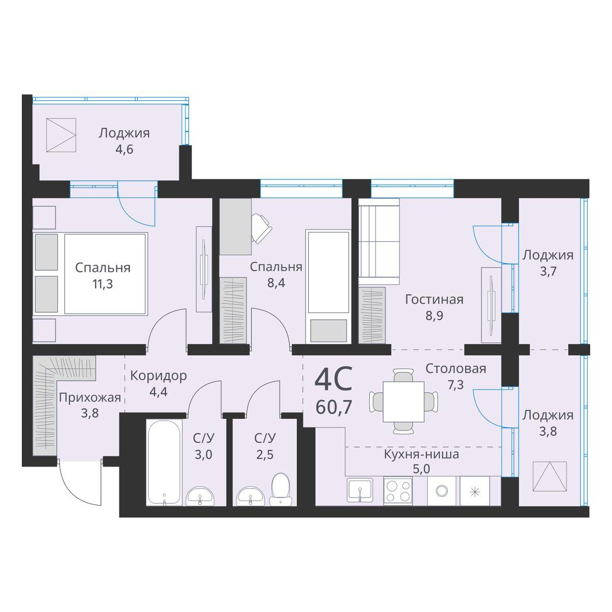 4-комнатная 60 м2 в ЖК Виноград корпус null этаж 10