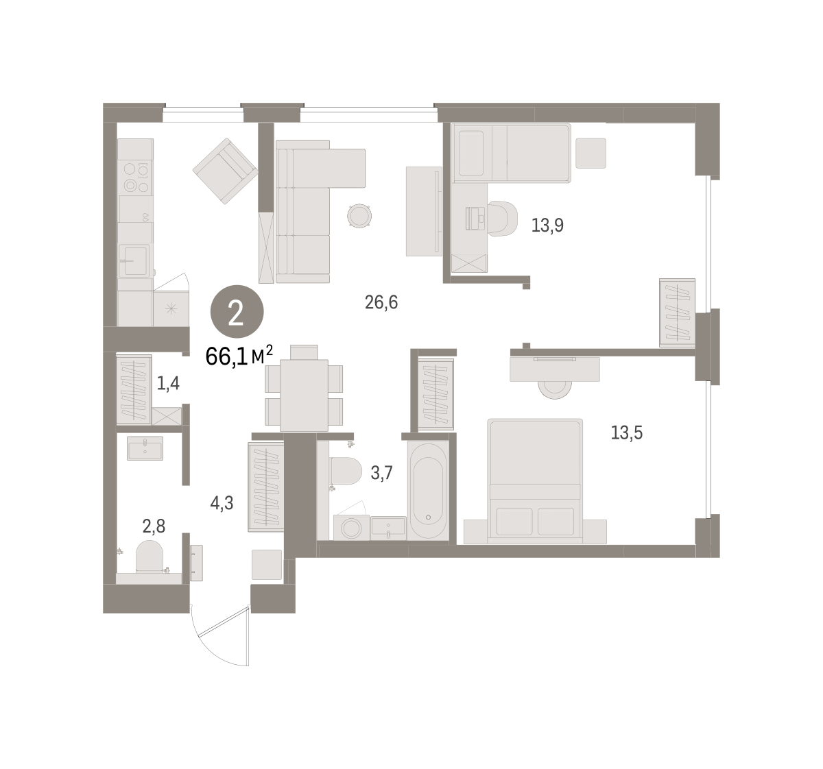 2-комнатная 66 м2 в ЖК Северный ветер корпус null этаж 6