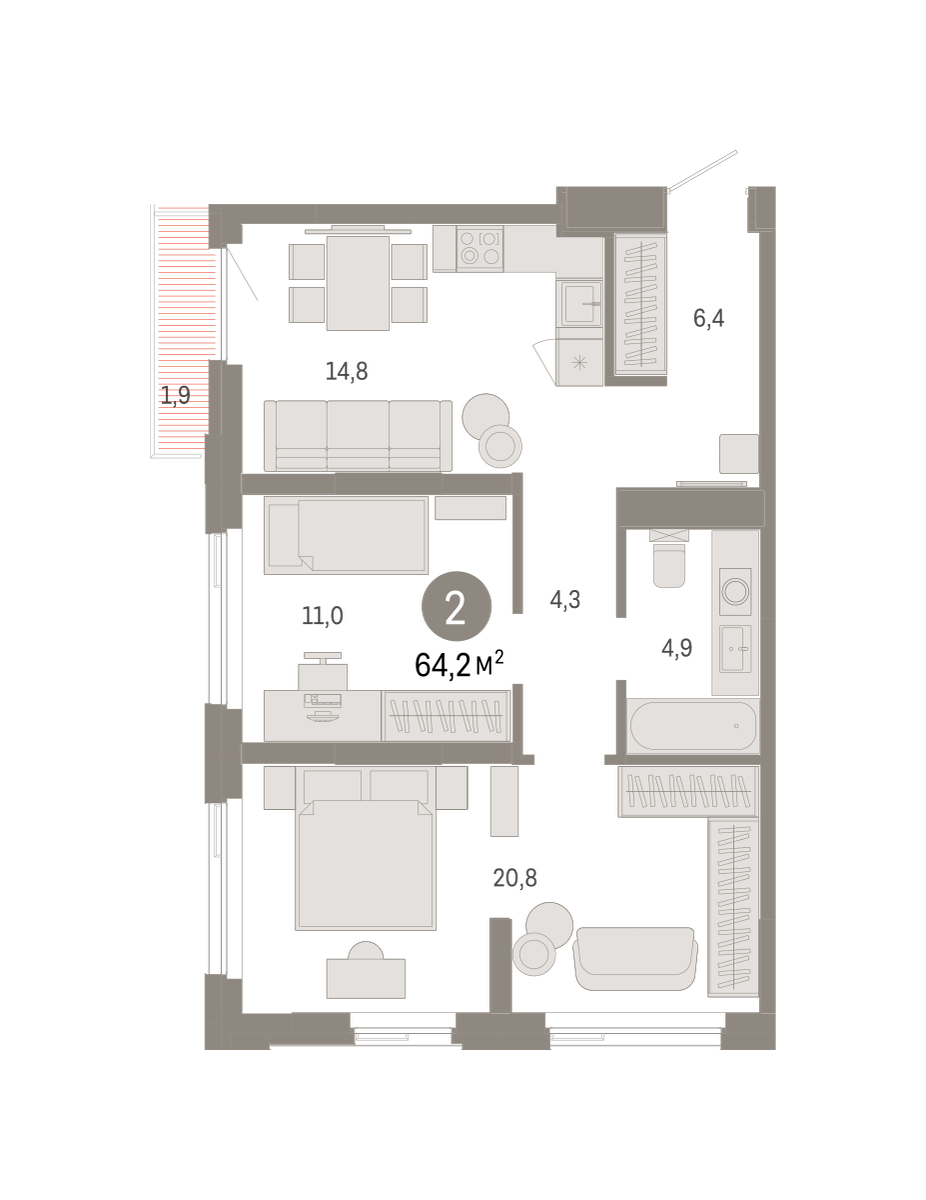 2-комнатная 64 м2 в ЖК Зарека корпус null этаж 12
