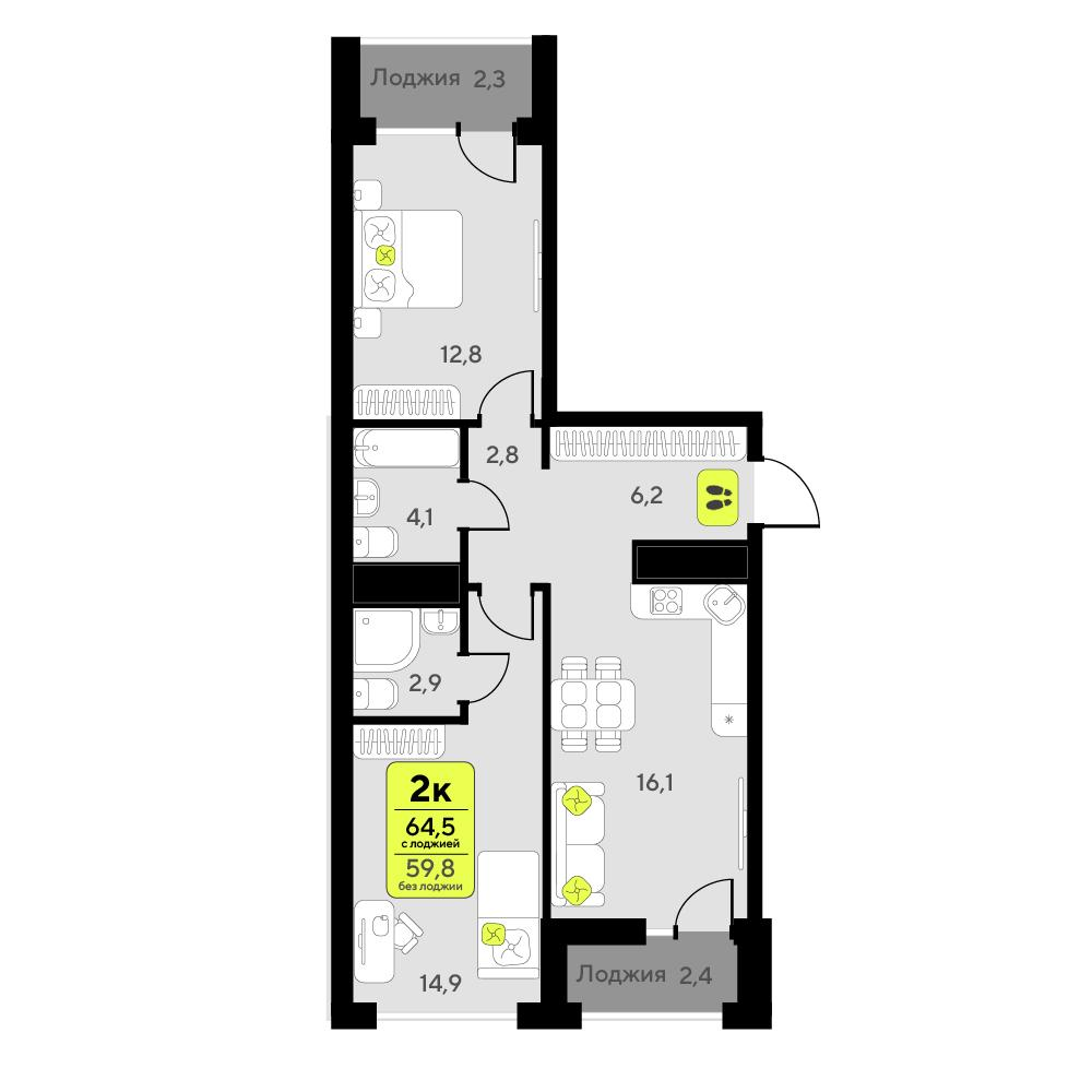 2-комнатная 64 м2 в ЖК Мотивы корпус null этаж 13