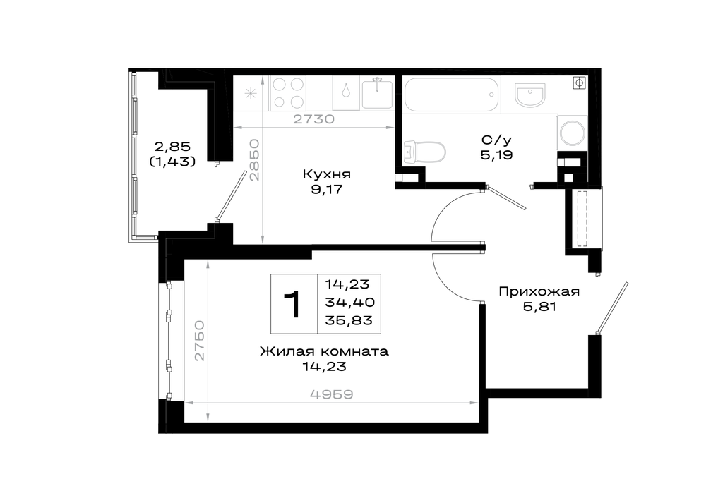 1-комнатная 35 м2 в ЖК Октябрь парк корпус null этаж 2