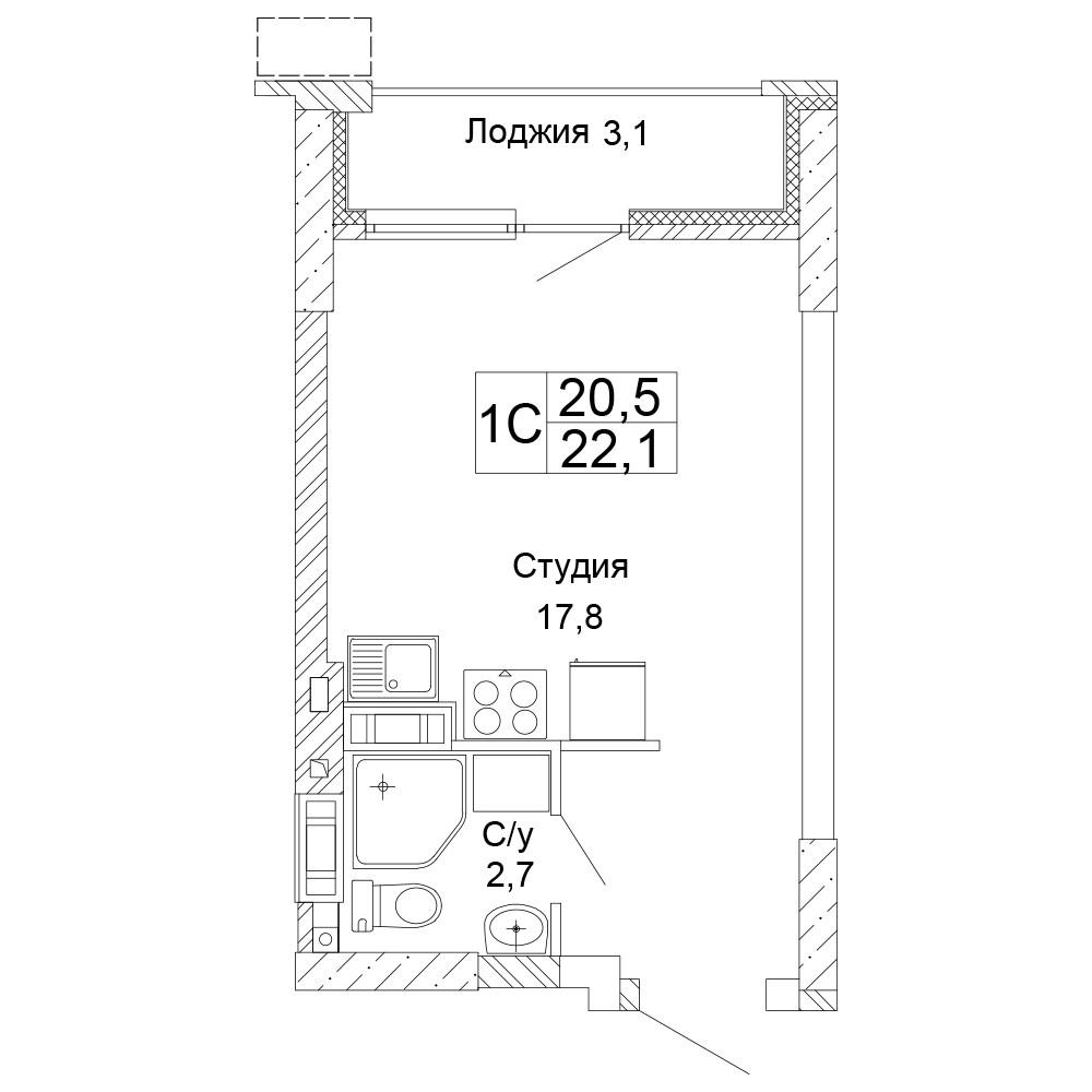 1-комнатная 22 м2 в ЖК Колизей корпус null этаж 11