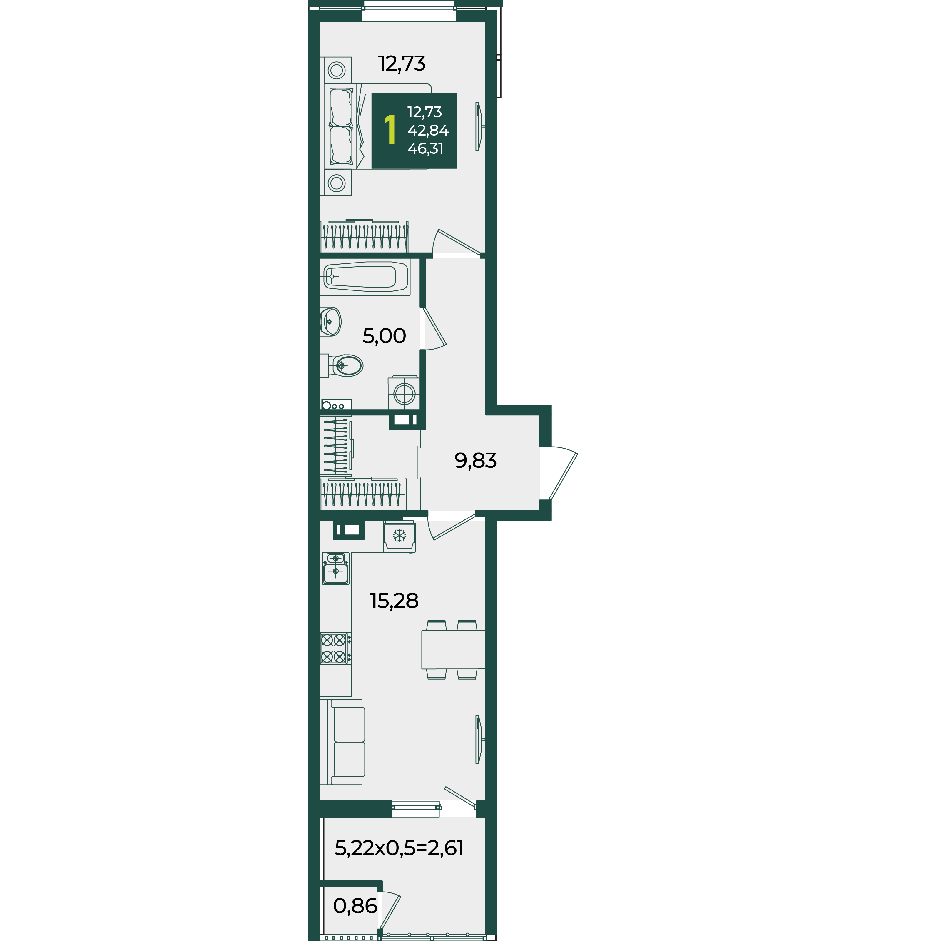 1-комнатная 46 м2 в ЖК Образцово корпус null этаж 11
